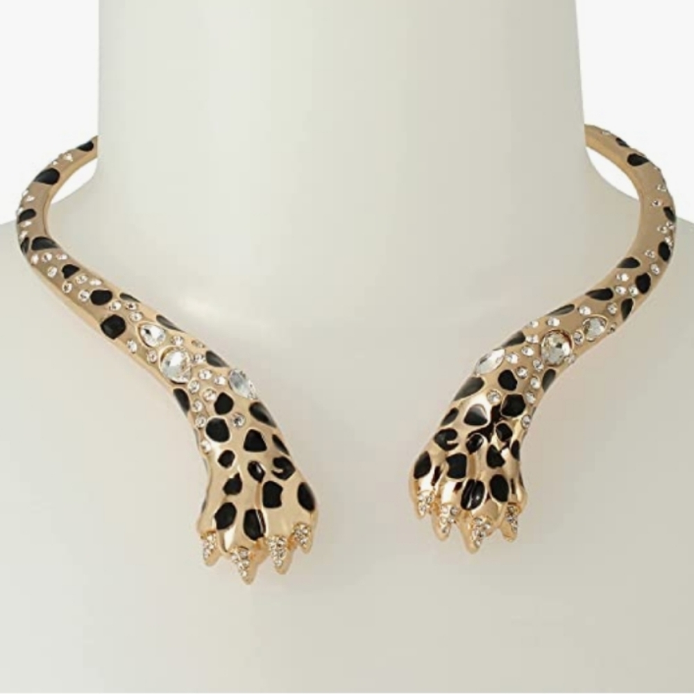 Betsey Johnson Rare Leoard cheetah hinge Necklace gold tone choker